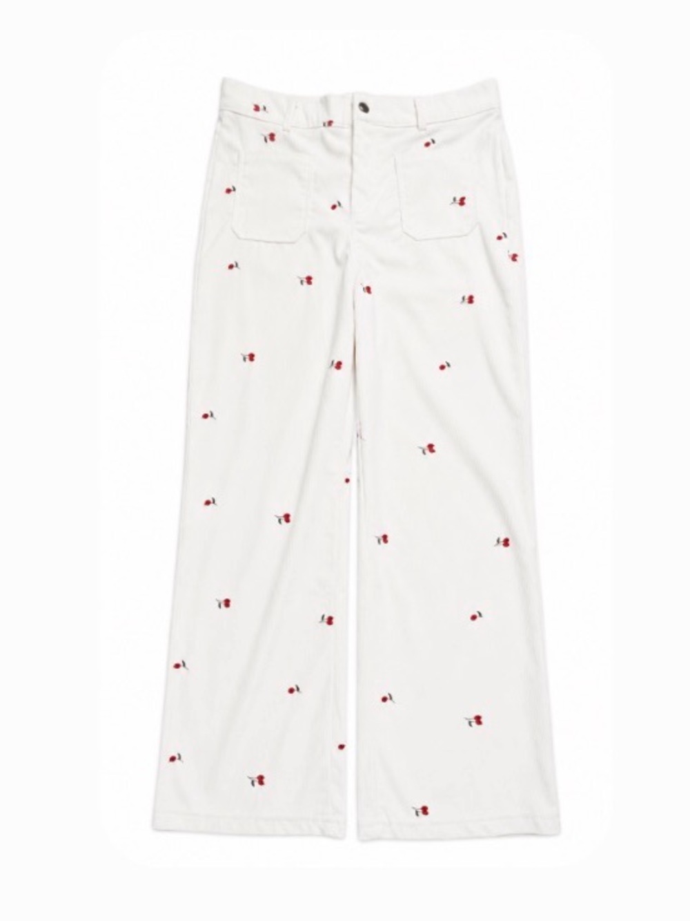 White Straight-Leg Corduroy Embroidered Cherry Pants